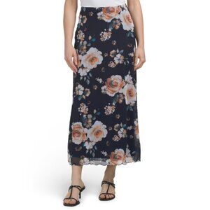 TASH & SOPHIE Navy Multi Made In Usa Pull On Mesh Midi Skirt With Lining